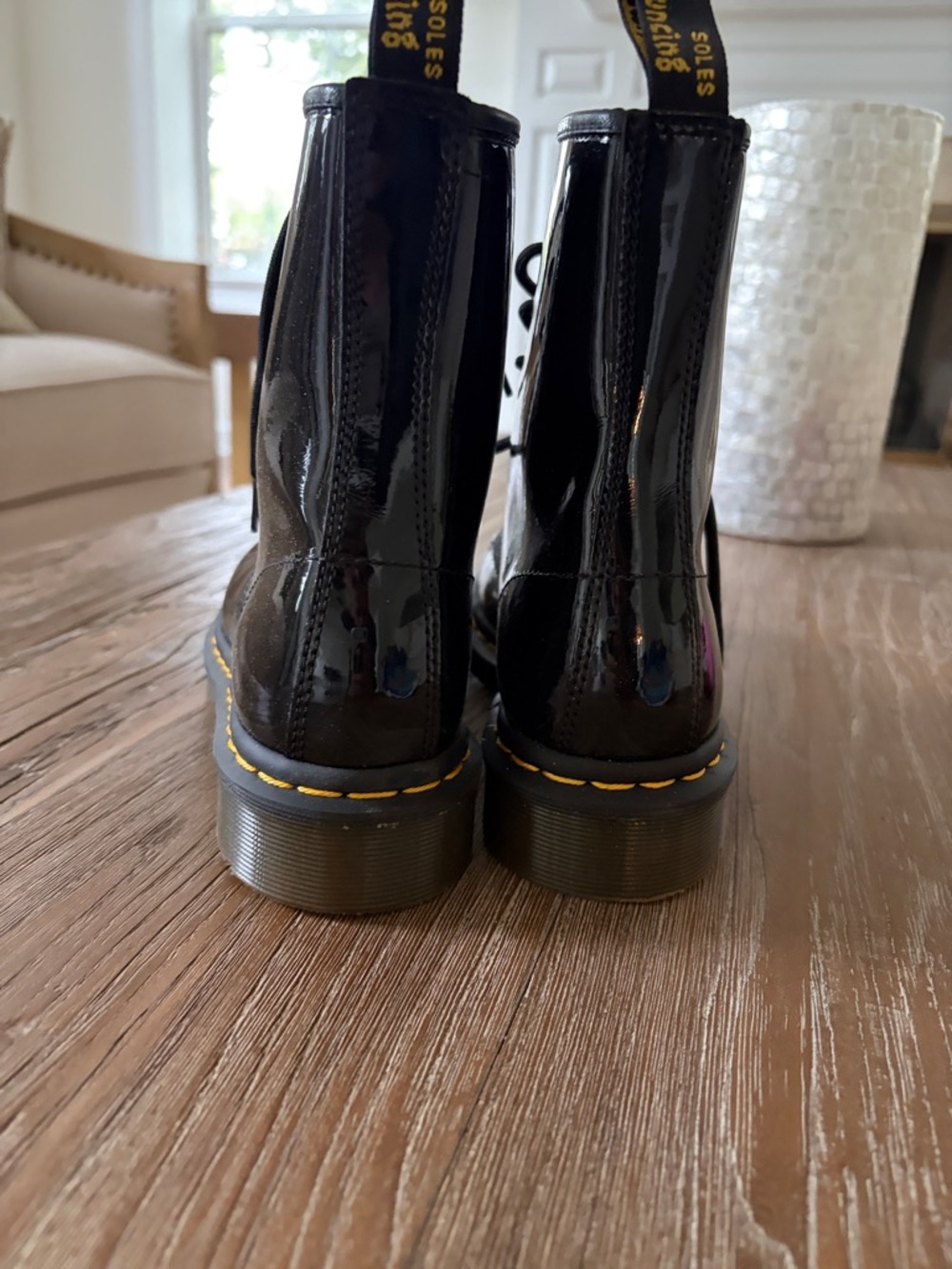 Dr. Martens Black Patent Lace-Up Boots with Yellow Stitching - Picture 3 of 5
